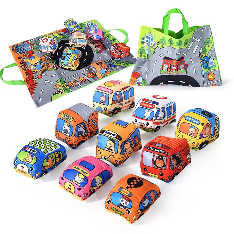 Soft Fabric Car Toy for Babies - Tear-Resistant Cloth Book with Storage Bag and Play Mat, Early Learning Travel Sensory Toy Gift