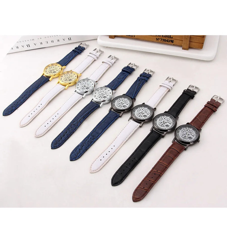 Men High-End Quartz Wristwatches Fashion Trend Stainless Steel Dial Sport Leather Band Watches Creative Hollow Out Dial Watch