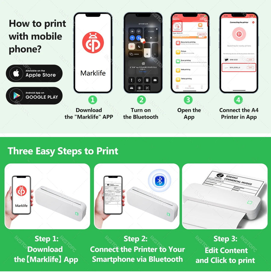 Inkless A4 Portable Thermal Printer Supports A40 Thermal Paper Bluetooth Wireless Mobile Travel Printers for Car & Office Use