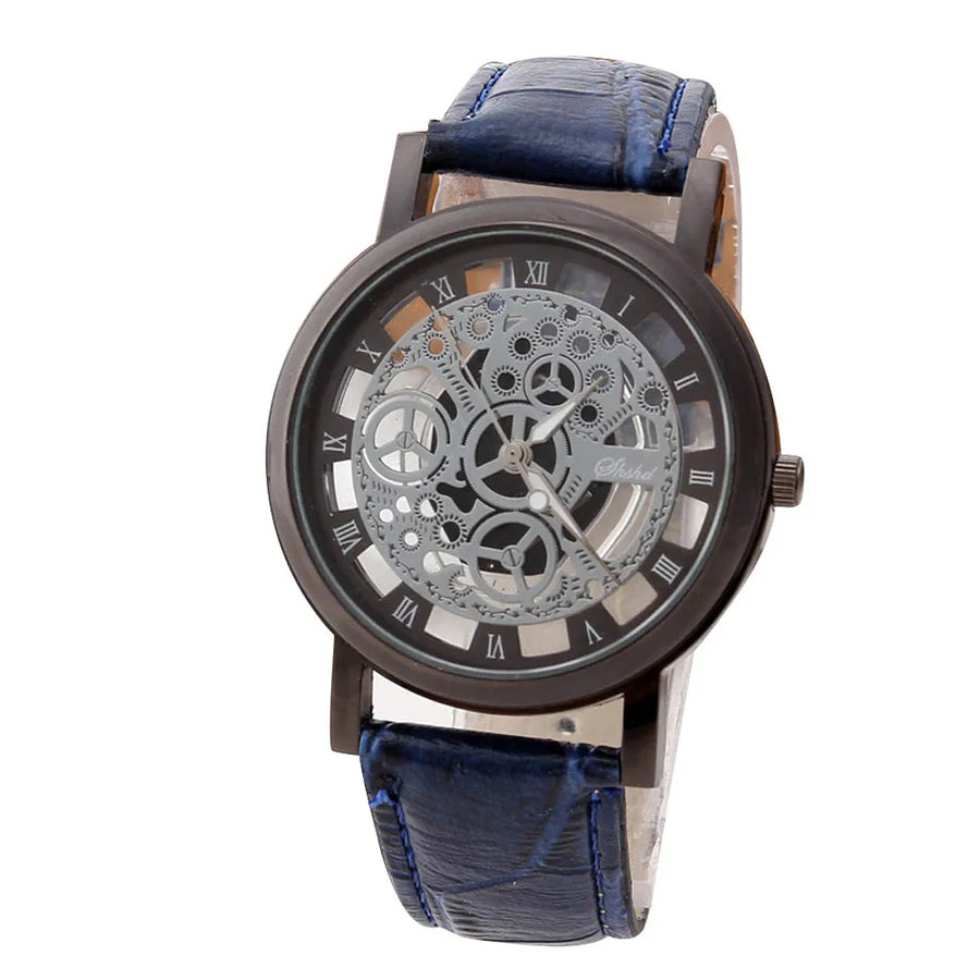 Men High-End Quartz Wristwatches Fashion Trend Stainless Steel Dial Sport Leather Band Watches Creative Hollow Out Dial Watch