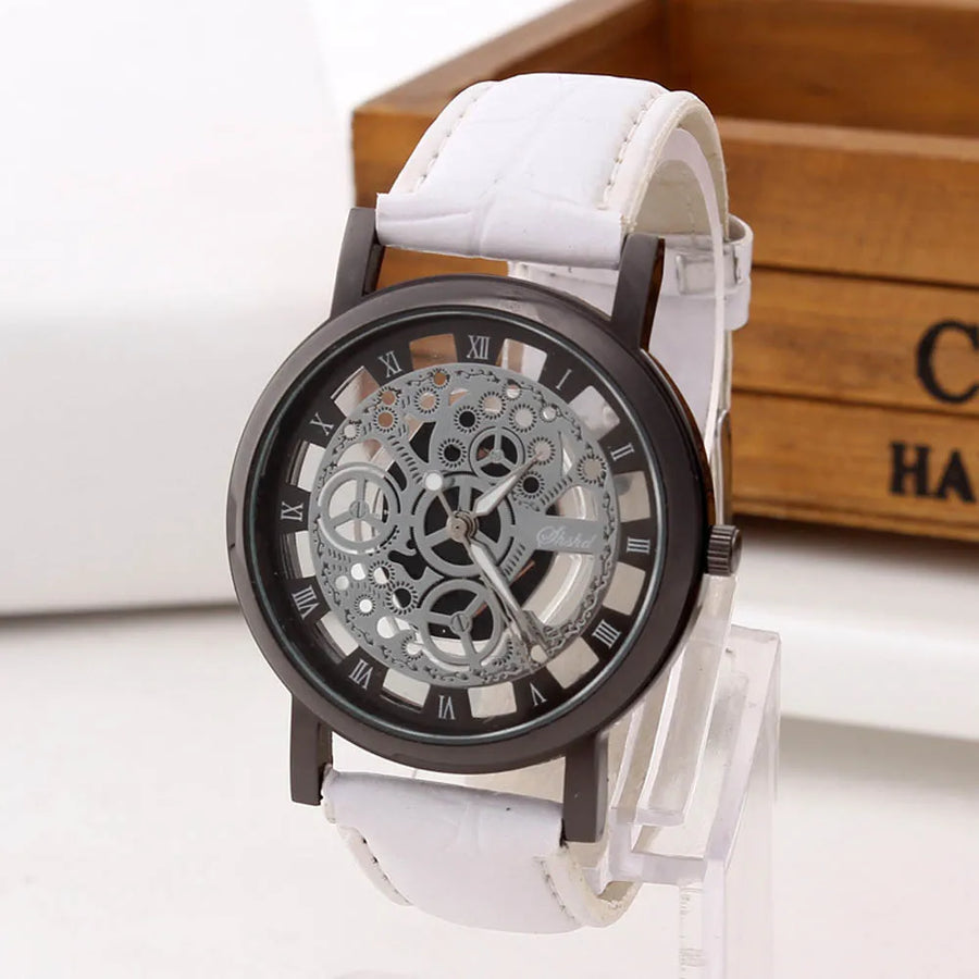 Men High-End Quartz Wristwatches Fashion Trend Stainless Steel Dial Sport Leather Band Watches Creative Hollow Out Dial Watch