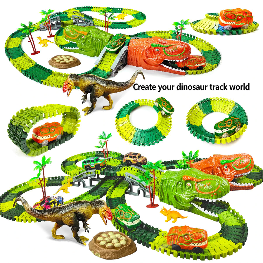 Railway Racing Track Play Set Educational DIY Bend Flexible Race Track Electronic Flash LED Light Car Dino Toys For Children