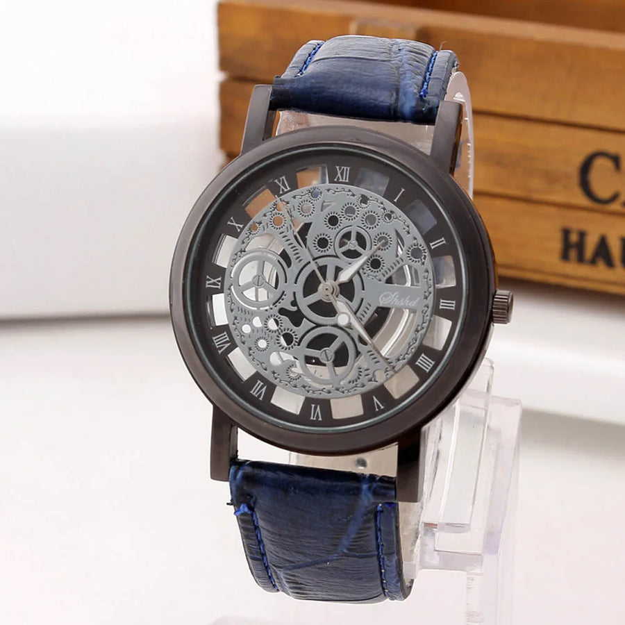 Men High-End Quartz Wristwatches Fashion Trend Stainless Steel Dial Sport Leather Band Watches Creative Hollow Out Dial Watch