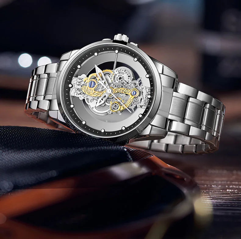 UTHAI Men Watch Sports Trend Double sided Transparent Hollow Steel Waterproof Luminous Male Fashion Quartz Clock Wristwatches