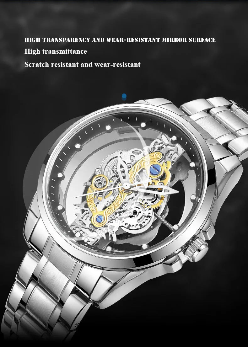 UTHAI Men Watch Sports Trend Double sided Transparent Hollow Steel Waterproof Luminous Male Fashion Quartz Clock Wristwatches