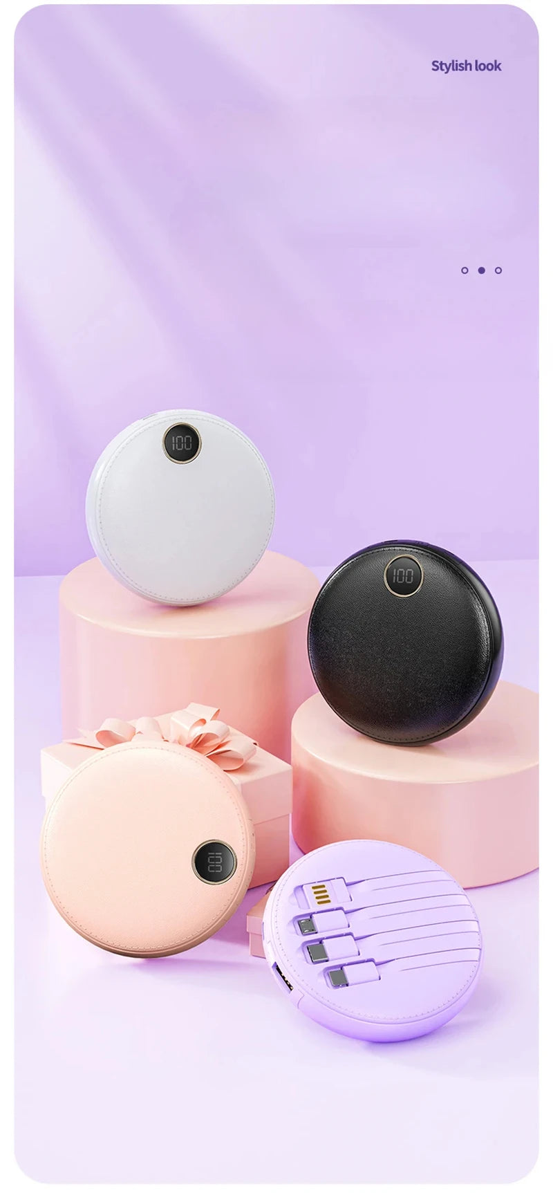 20000mAh Mini Powerbank Portable Round Self-wired  Fast Charging High Capacity Digital Display Power Bank For Iphone Xiaomi