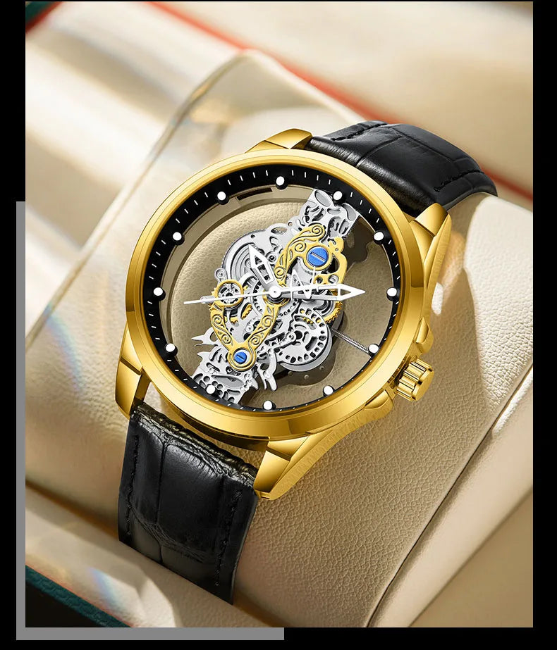 UTHAI Men Watch Sports Trend Double sided Transparent Hollow Steel Waterproof Luminous Male Fashion Quartz Clock Wristwatches