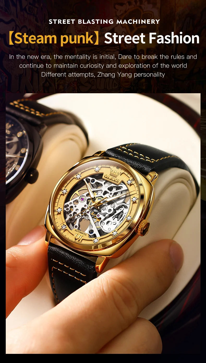 OLEVS 6651 Top Brand Men Watches Fashion Dress Automatic Mechanical Wristwatch Wateproof Luminous Hollow Flywheel Watch for man