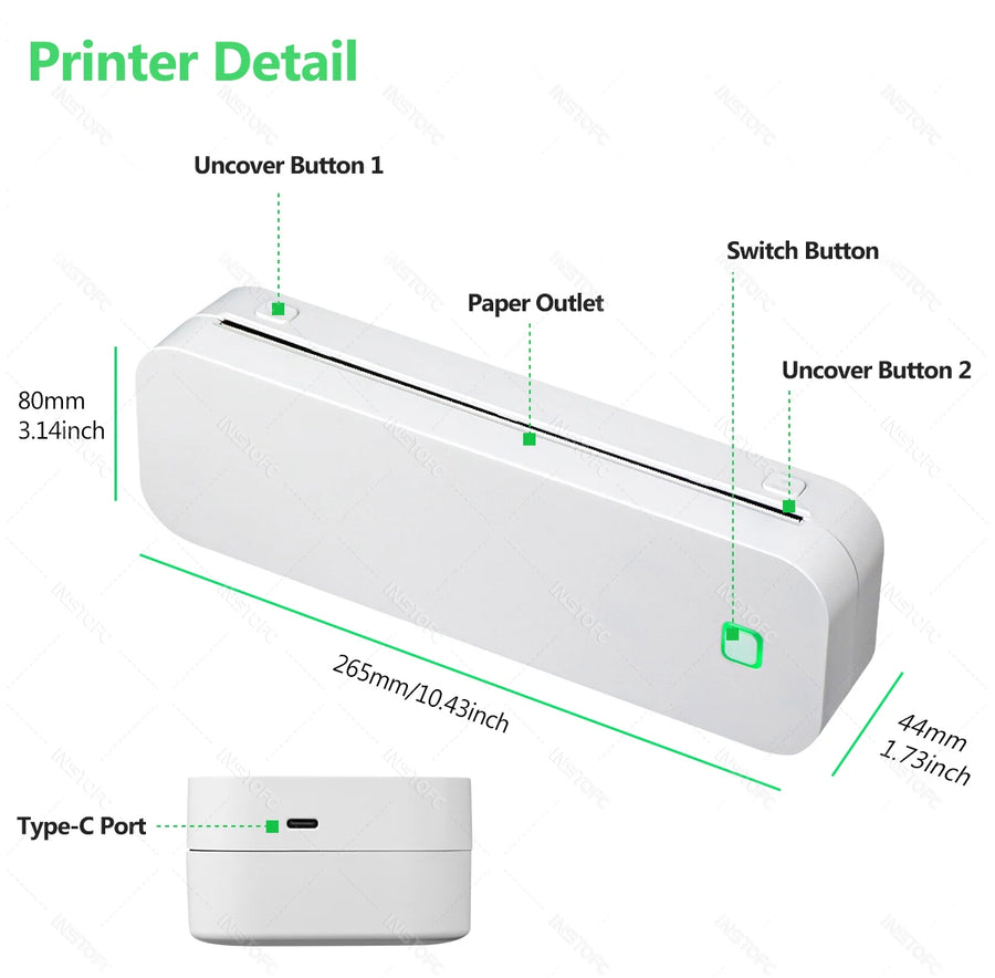 Inkless A4 Portable Thermal Printer Supports A40 Thermal Paper Bluetooth Wireless Mobile Travel Printers for Car & Office Use