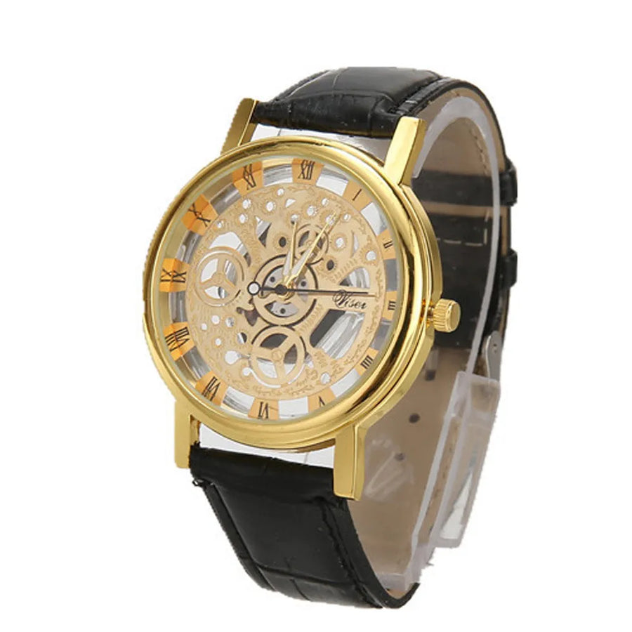 Men High-End Quartz Wristwatches Fashion Trend Stainless Steel Dial Sport Leather Band Watches Creative Hollow Out Dial Watch