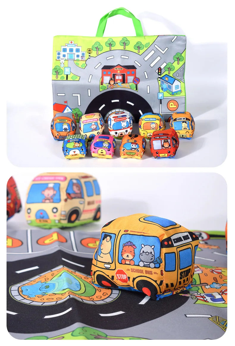 Soft Fabric Car Toy for Babies - Tear-Resistant Cloth Book with Storage Bag and Play Mat, Early Learning Travel Sensory Toy Gift
