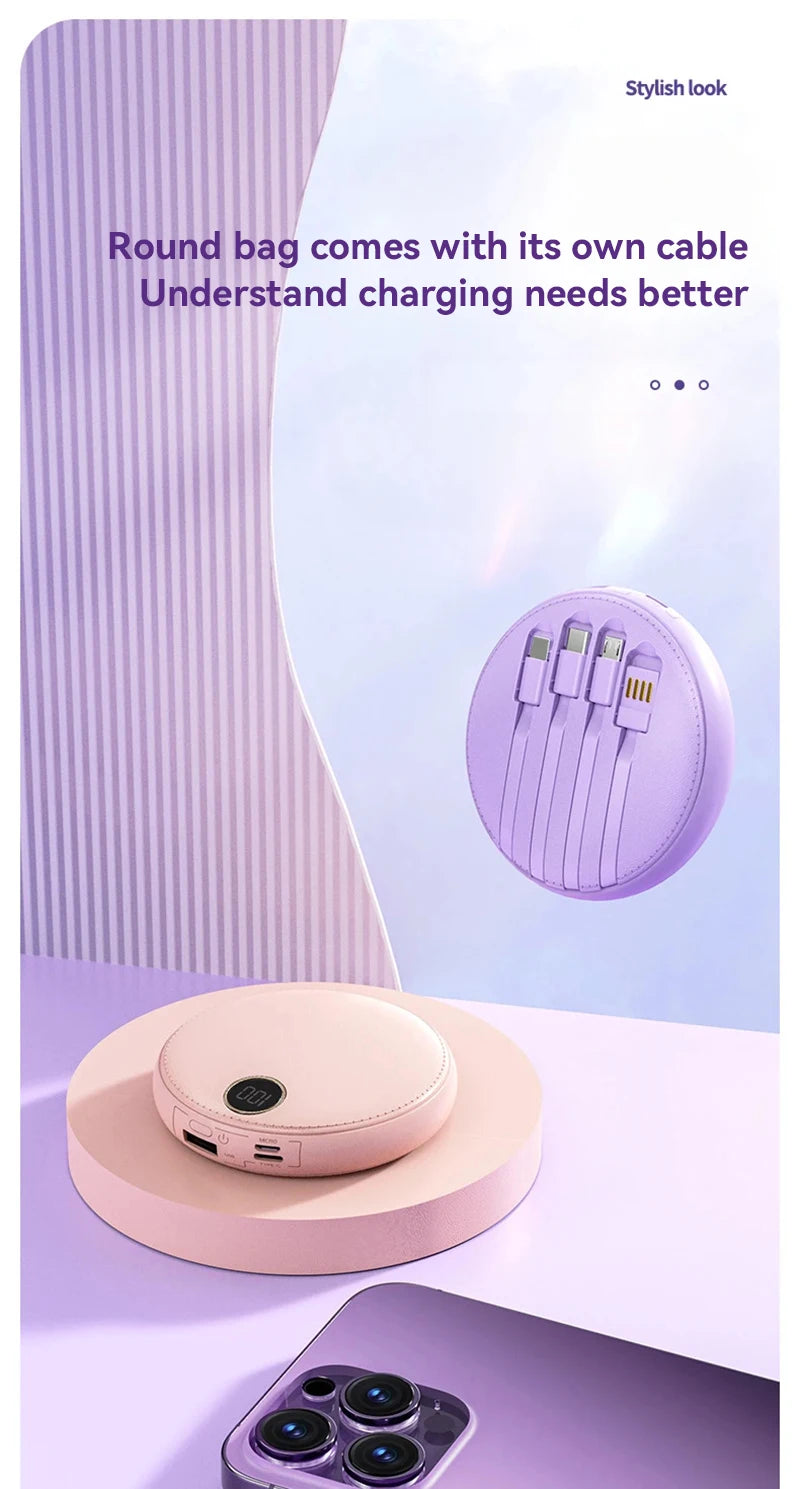 20000mAh Mini Powerbank Portable Round Self-wired  Fast Charging High Capacity Digital Display Power Bank For Iphone Xiaomi