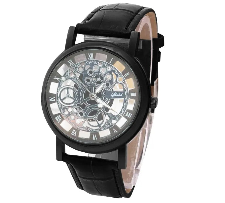 Men High-End Quartz Wristwatches Fashion Trend Stainless Steel Dial Sport Leather Band Watches Creative Hollow Out Dial Watch