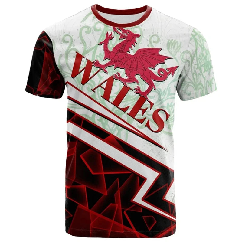 Wales Flag 3D Print Football T-shirt For Men Clothing Summer Casual Sports Short Sleeve T Shirts Wales Map Pattern Men's Tees