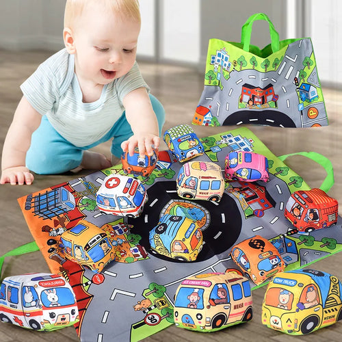 Soft Fabric Car Toy for Babies - Tear-Resistant Cloth Book with Storage Bag and Play Mat, Early Learning Travel Sensory Toy Gift