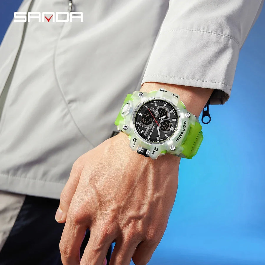 SANDA New 6198 Electronic Watch Fashion Trend Dual Screen Multi functional Outdoor Sports Waterproof Men's Watch