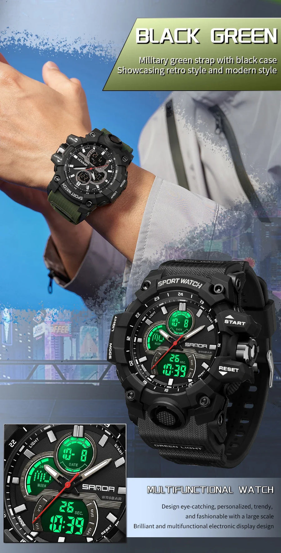 SANDA New 6198 Electronic Watch Fashion Trend Dual Screen Multi functional Outdoor Sports Waterproof Men's Watch