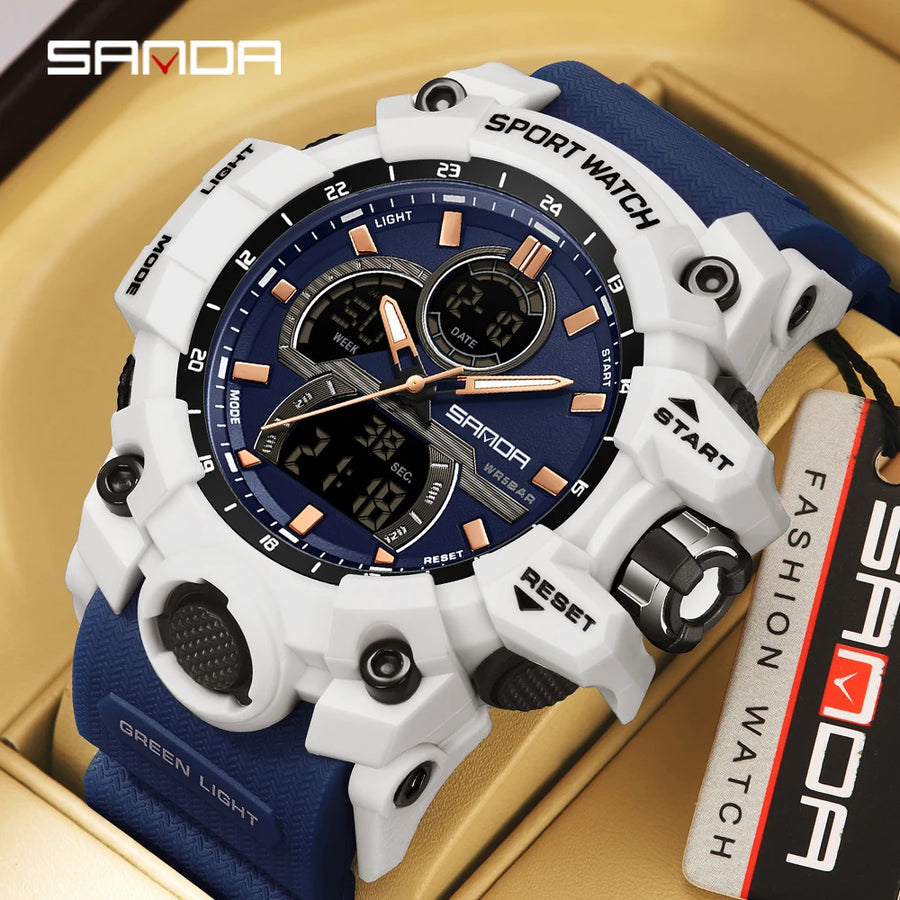 SANDA New 6198 Electronic Watch Fashion Trend Dual Screen Multi functional Outdoor Sports Waterproof Men's Watch