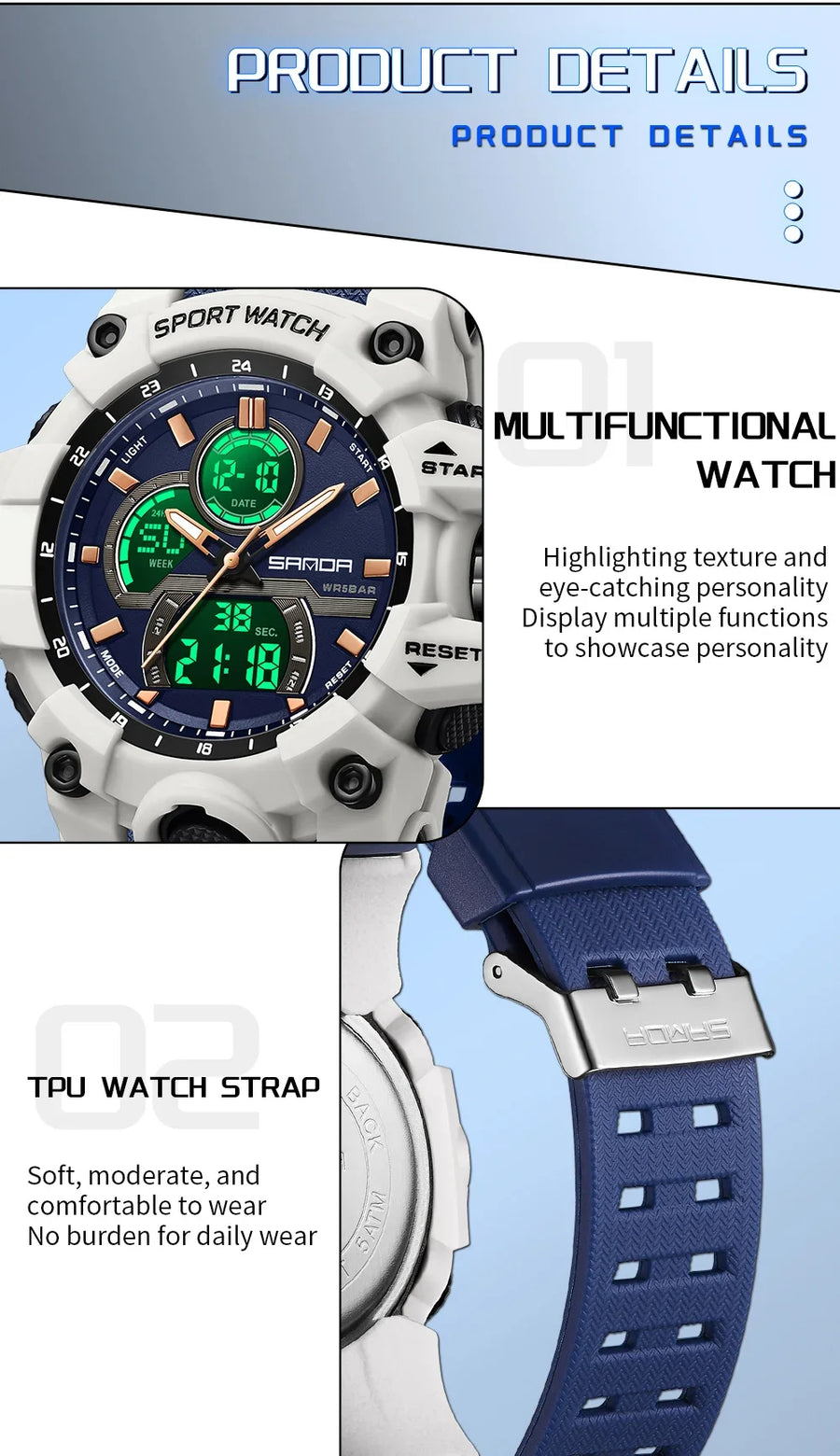 SANDA New 6198 Electronic Watch Fashion Trend Dual Screen Multi functional Outdoor Sports Waterproof Men's Watch