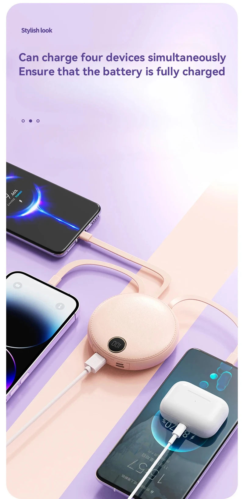 20000mAh Mini Powerbank Portable Round Self-wired  Fast Charging High Capacity Digital Display Power Bank For Iphone Xiaomi